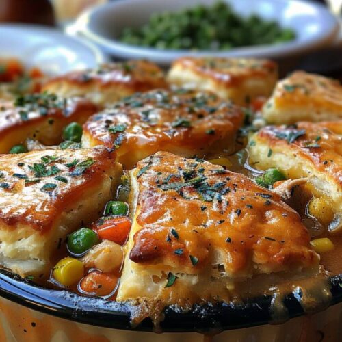 Freshly baked Easy Mini Chicken Pot Pies sliced on a plate with visible ingredients