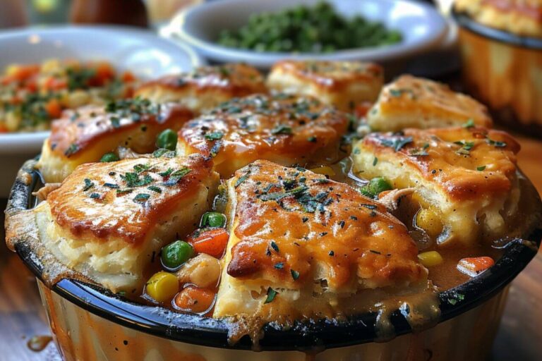 Freshly baked Easy Mini Chicken Pot Pies sliced on a plate with visible ingredients