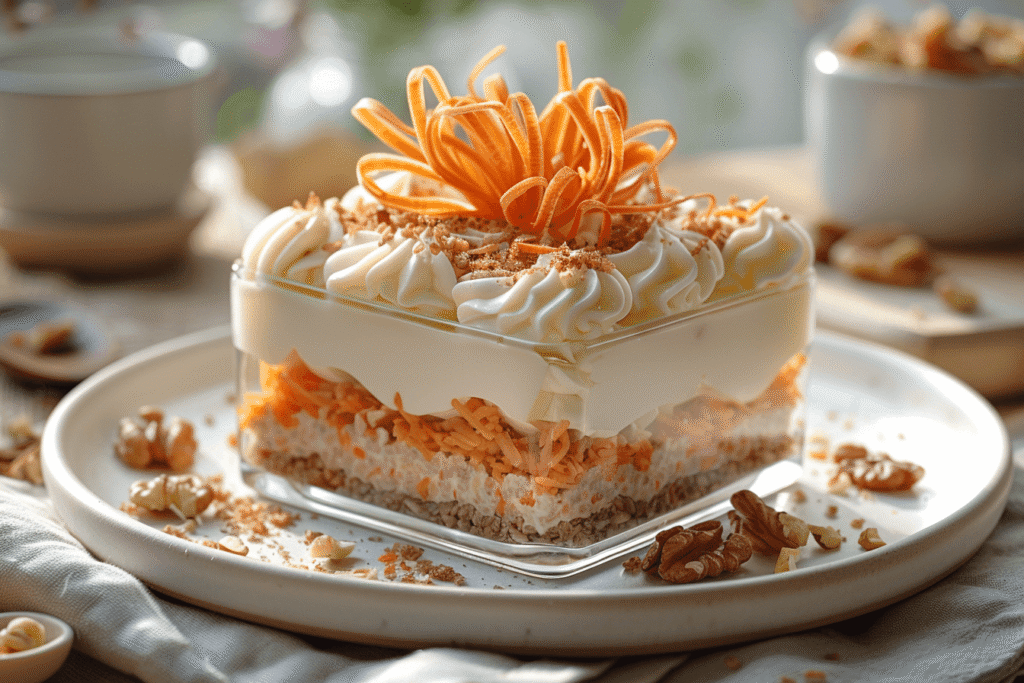 High-protein carrot cake overnight oats in a jar topped with walnuts and shredded carrots.