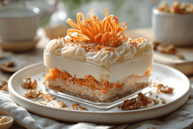 High-protein carrot cake overnight oats in a jar topped with walnuts and shredded carrots.