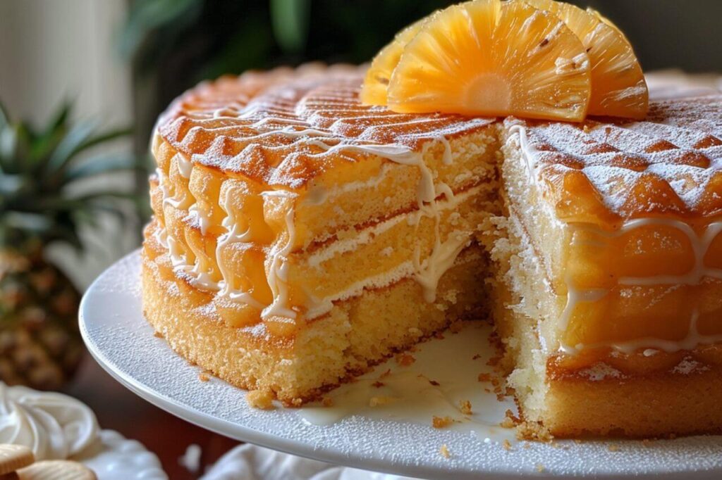 Moist pineapple juice bundt cake with golden crust and glossy glaze on a white cake stand.