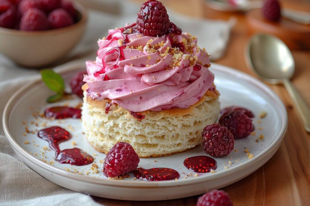 Raspberry butter swim biscuits fresh from the oven, golden and fruity with melted butter in a baking dish.