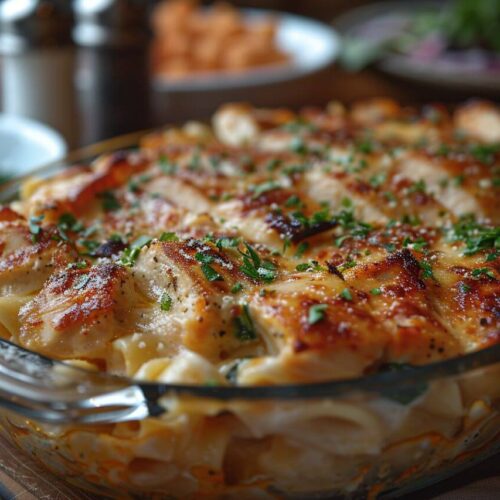 Freshly baked Spinach Chicken Alfredo Delight sliced on a plate with visible ingredients
