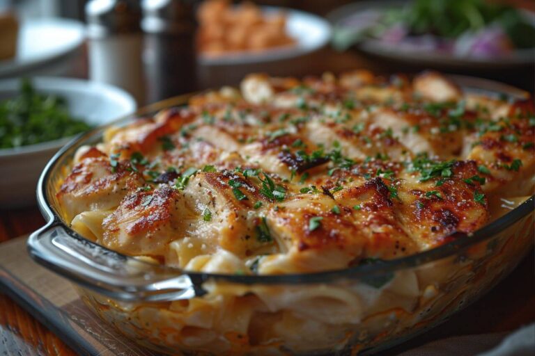 Freshly baked Spinach Chicken Alfredo Delight sliced on a plate with visible ingredients