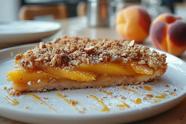 A rusticPeach Recipes pie with golden crust and juicy peach slices bubbling through, shot in a bright kitchen setting.