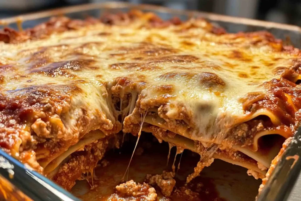 Cheesy dumpling lasagna with rich meat sauce, showing melted layers and a cut-out section revealing tender pasta and filling.
