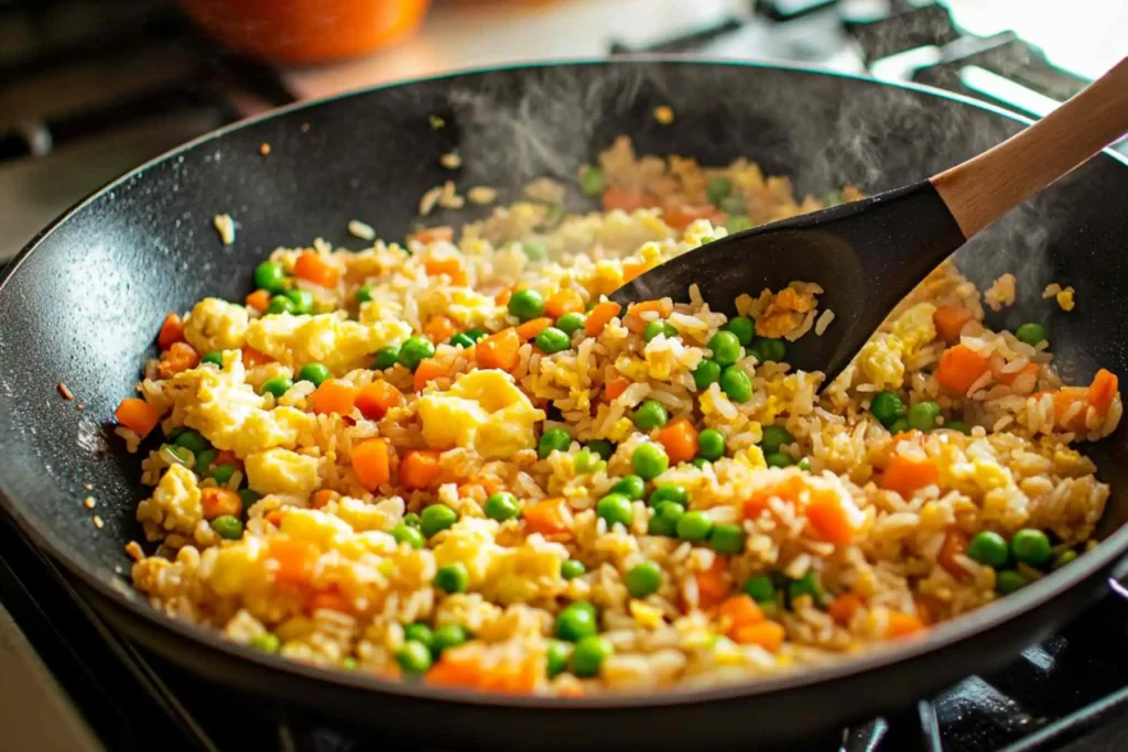 Easy fried rice recipe cooking in pan with eggs and vegetables