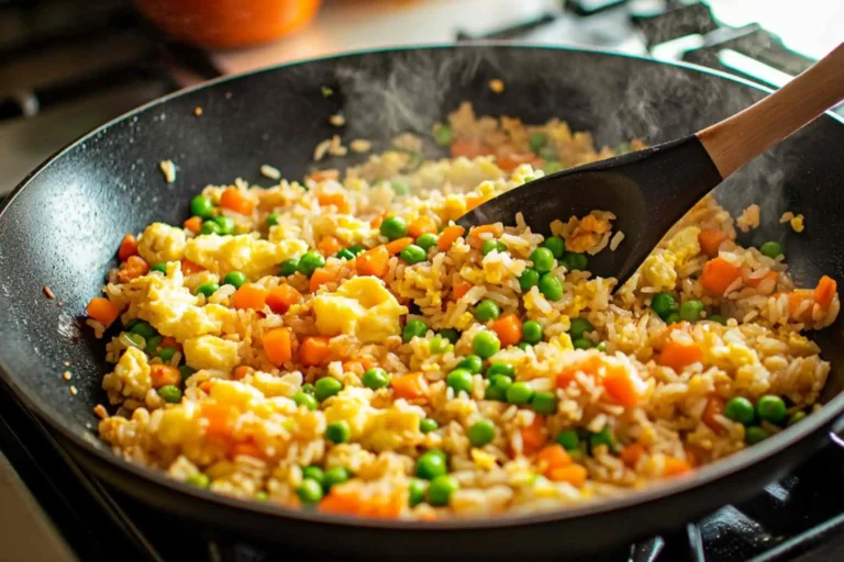 Easy fried rice recipe cooking in pan with eggs and vegetables