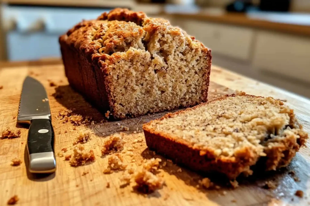 Fresh banana bread recipe loaf in a metal pan on a kitchen table