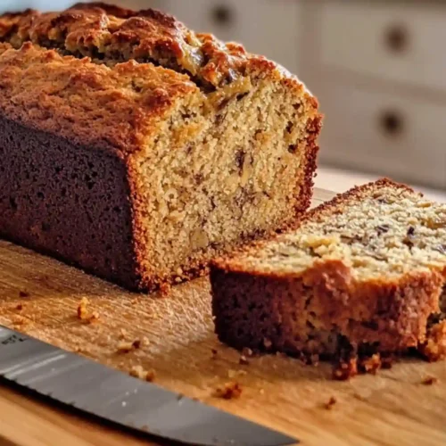 Banana bread recipe loaf partially sliced on wooden cutting board