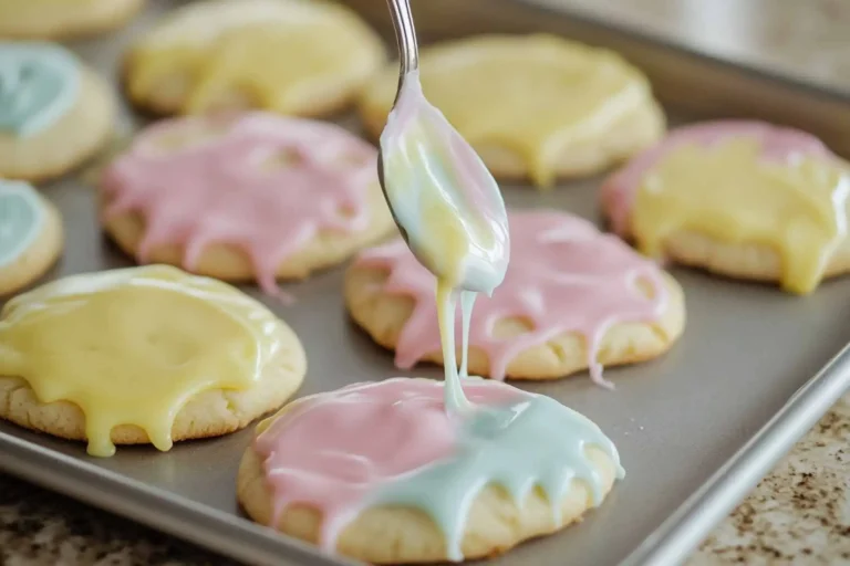 Homemade Easter cookies with pastel icing on wooden table