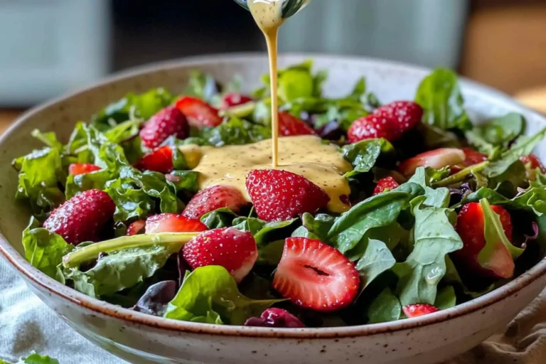 Strawberry salad recipe with greens and sliced strawberries in bowl